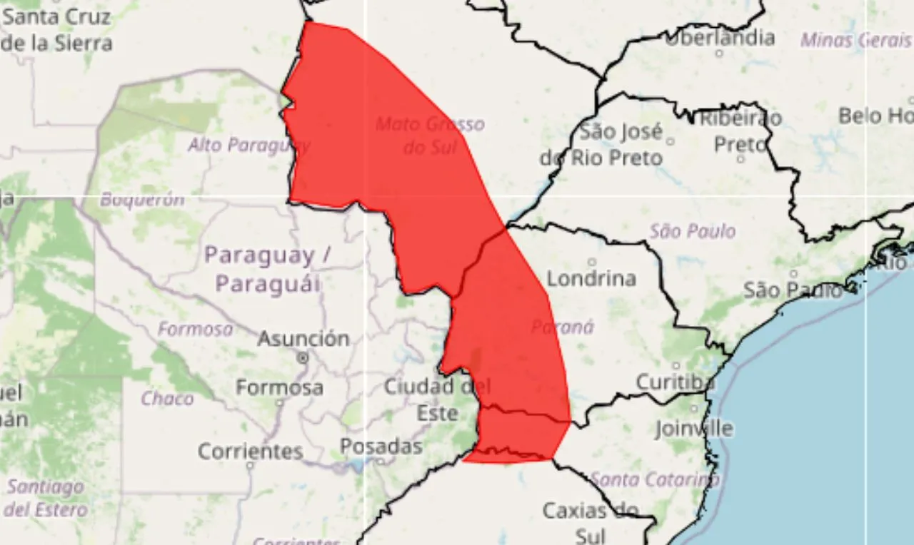 o mapa mostra as &aacute;reas em alerta vermelho para onda de calor